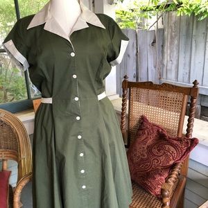 Heartbreaker Rockabilly Diner Dress | Olive Green & Cream | XL